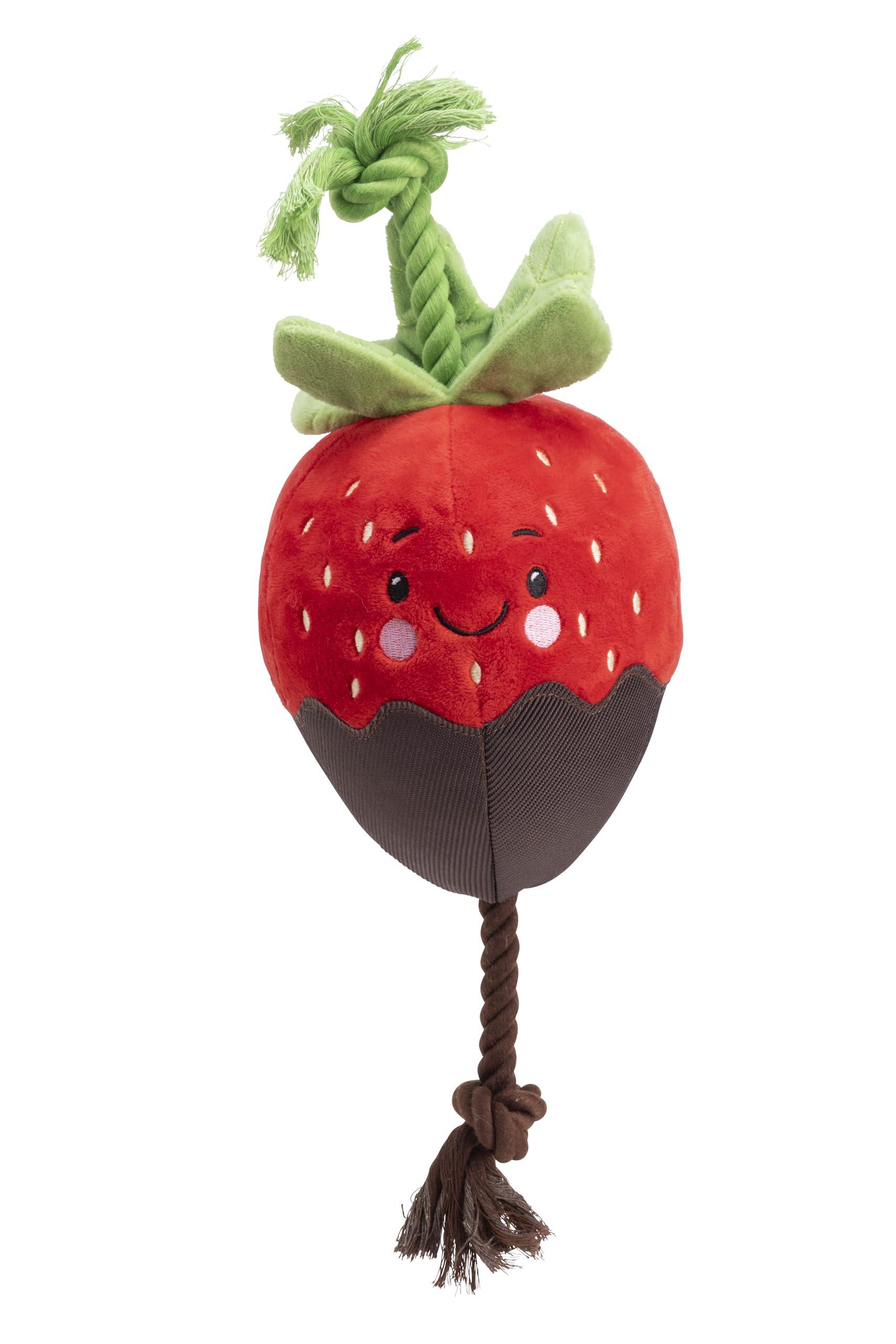 House of Paws Chocolate Dipped Strawberry Dog Toy - Plush with Rope Pulls and Squeaker, Pink