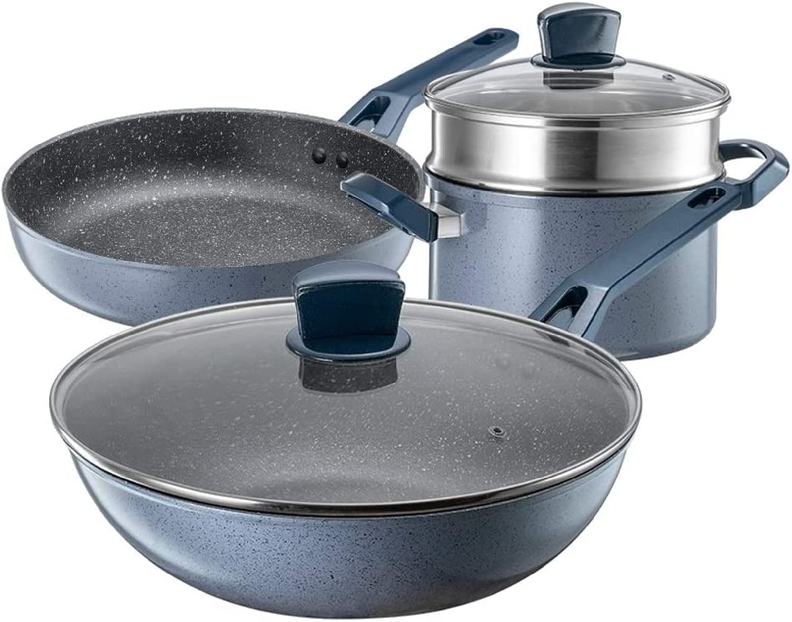 Batterie de Cuisine 3 pièces Batterie de Cuisine antiadhésive Poêle à Frire Marmite et Casserole Casserole avec Couvercle en Verre