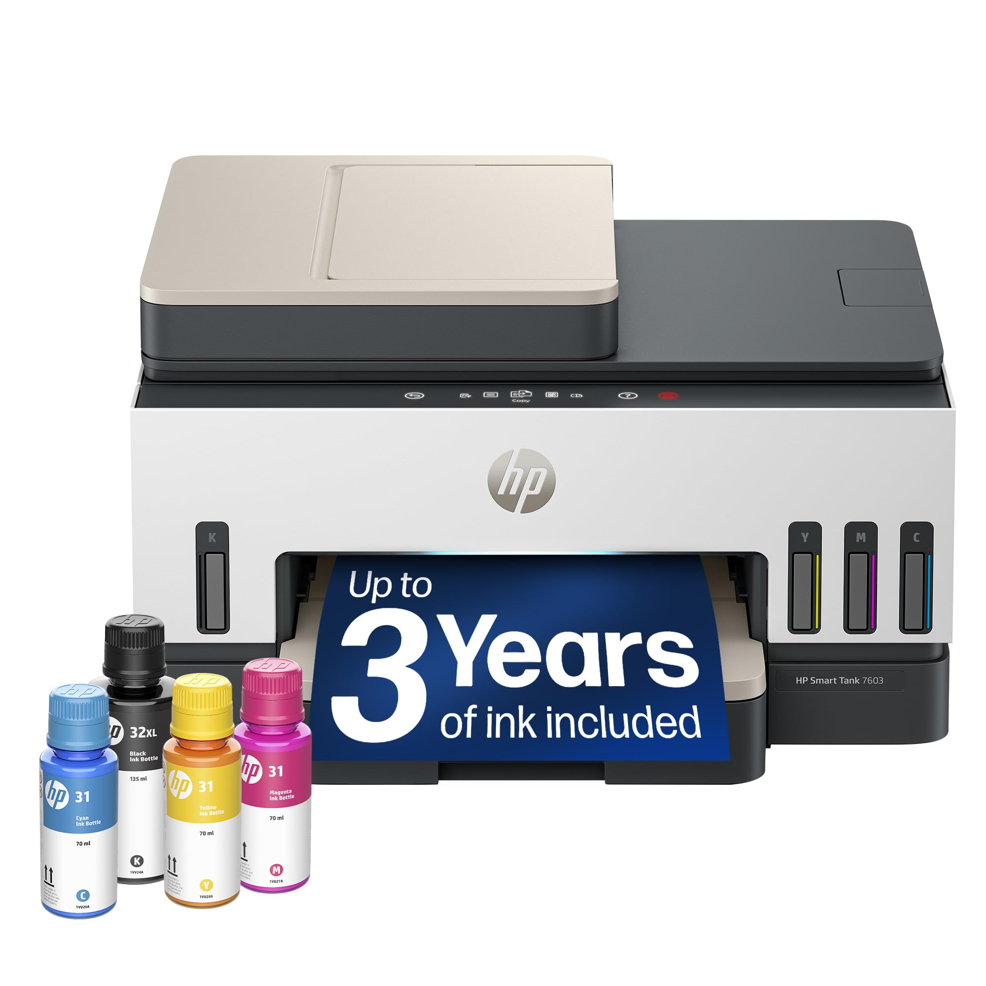 HP Smart Tank 7603 Wireless All-in-One Ink Tank Printer, Scanner, Fax, Copier with up to 3 Years of Ink Included, Best-for-Home Office, Cartridge-Free Refillable, AI-Capable (9B5D1A)
