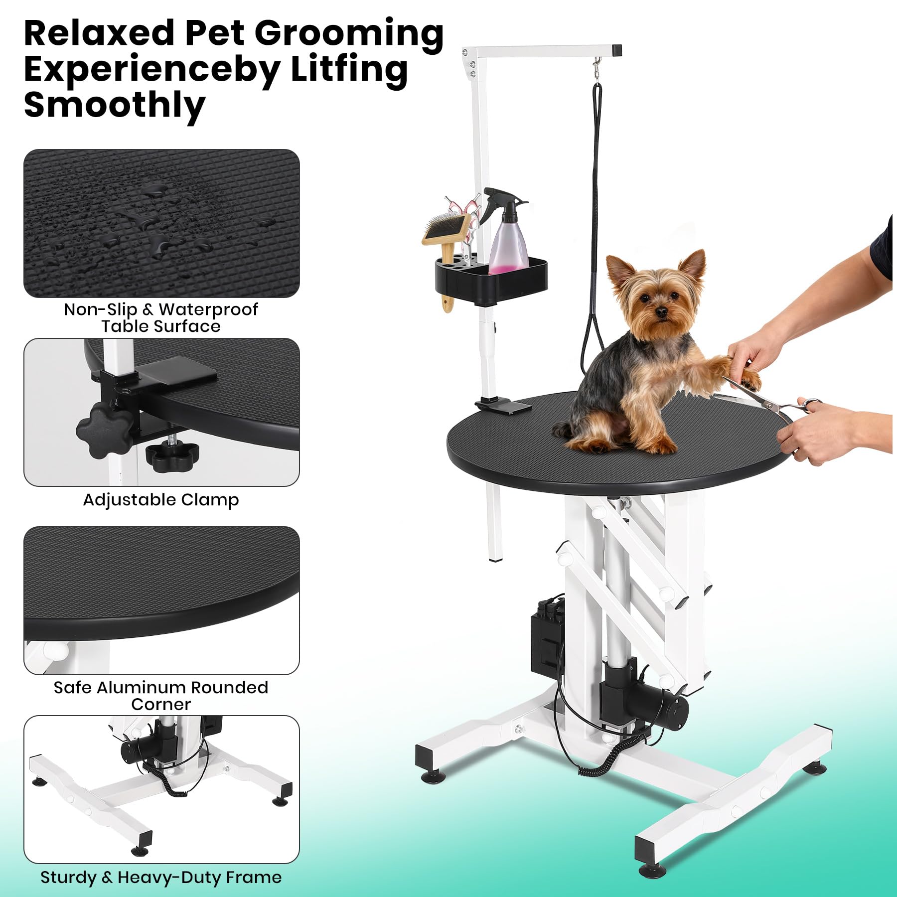 Tavolo elettrico per toelettatura cani da 61 cm, scrivania rotante per piccoli animali domestici, con braccio sopraelevato, telecomando a pedale, organizer per attrezzi, capacità 113,4 kg