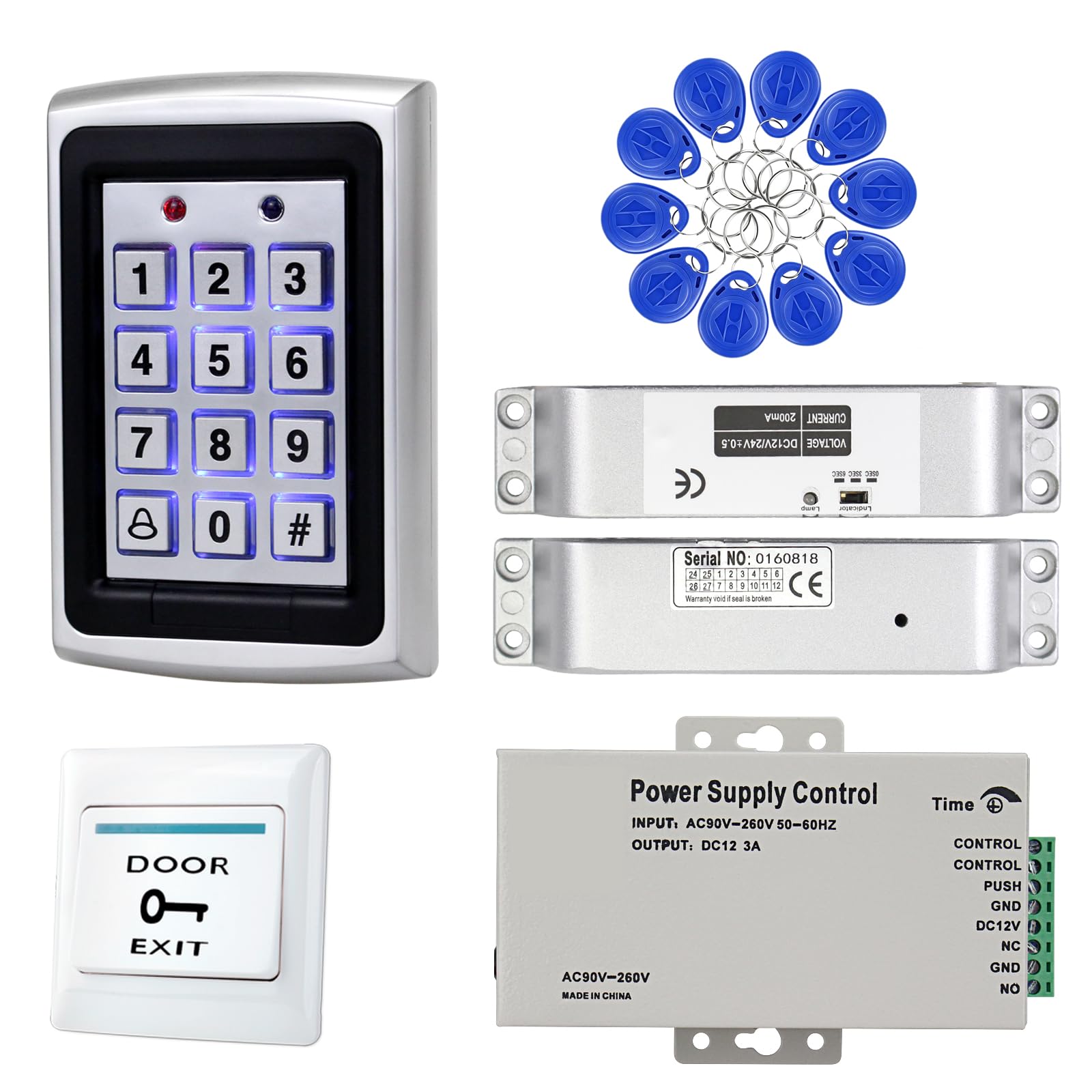 Kit Completo di Sistema di Controllo Accessi per Casa, Tastiera per 1000 Utenti in Metallo + Serratura Elettrica a Caduta DC 12V + Alimentatore 12V 3A + Pulsante di Uscita + 10 Chiavette