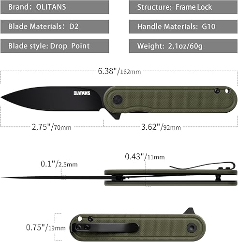 Miniatura 2 de Cuchillo de bolsillo G040, hoja de acero D2 de 2.75 pulgadas, mango G10, pequeño cuchillo EDC con clip de bolsillo para hombres y mujeres, 2.1 onzas
