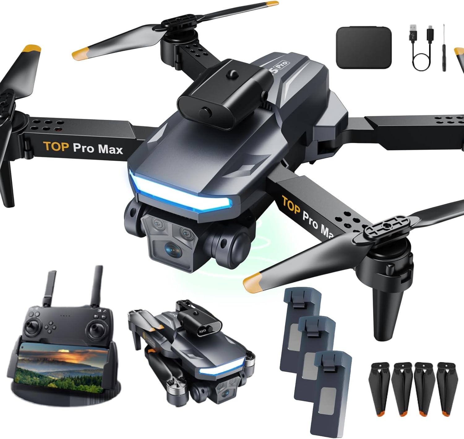 Drone with 4K three adjustable Camera,Foldable WiFi FPV Drone, RC Quadcopter with Brushless Motor, 3D Flips, Obstacle Avoidance, Optical Flow, Altitude Hold,Altitude Hold,3 Battery Mode