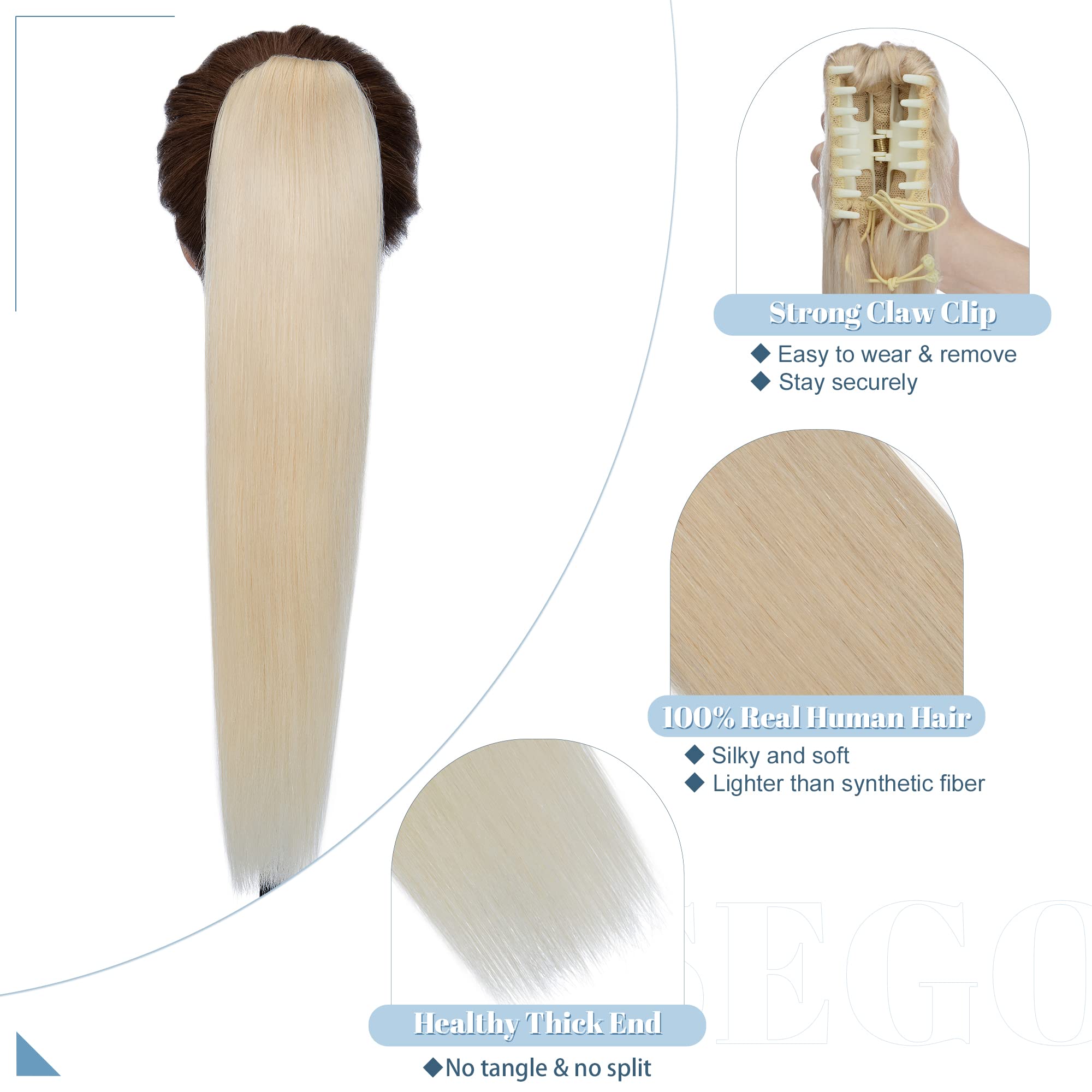 SEGO Extension Coda Capelli Veri Biondi Clip Pinza Cavallo Ponytail Naturale Remy Human Hair Lisci Umani Fascia Unica 35 cm(105 g) #60 Biondo Platino