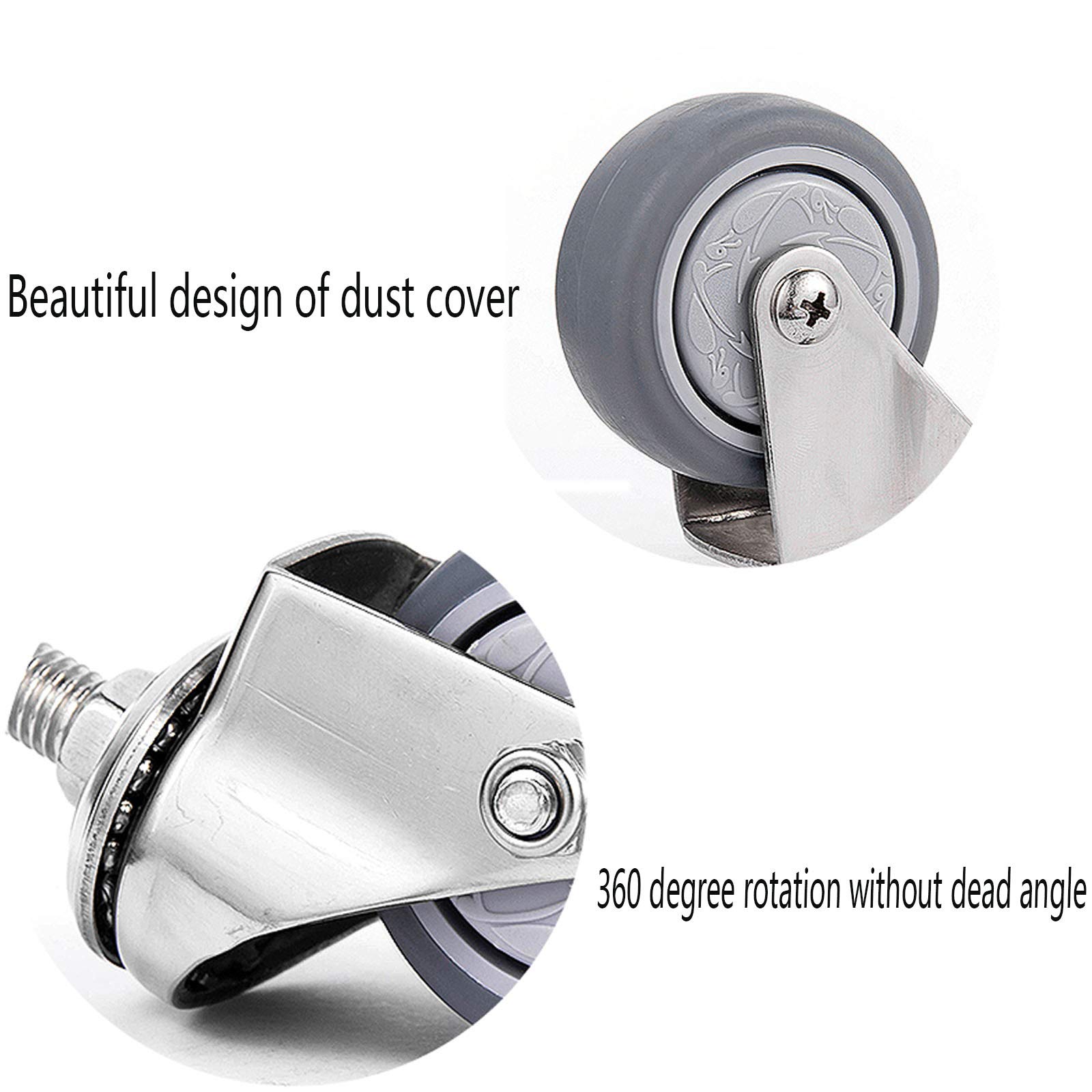 Ruote girevoli da 1,5 Pollici, Ruote per mobili, Senza Freno, in Acciaio Inox 304, con Filettatura M8/M10, Dadi di Fissaggio, Ruote per mobili, Carrello per Baule, capacità di carico 90 kg,
