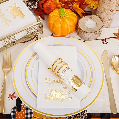 Miniatura 5 de BUCLA 100 servilletas de 3 capas de Acción de Gracias, servilletas desechables de papel blanco y dorado, servilletas de papel de calabaza de alta