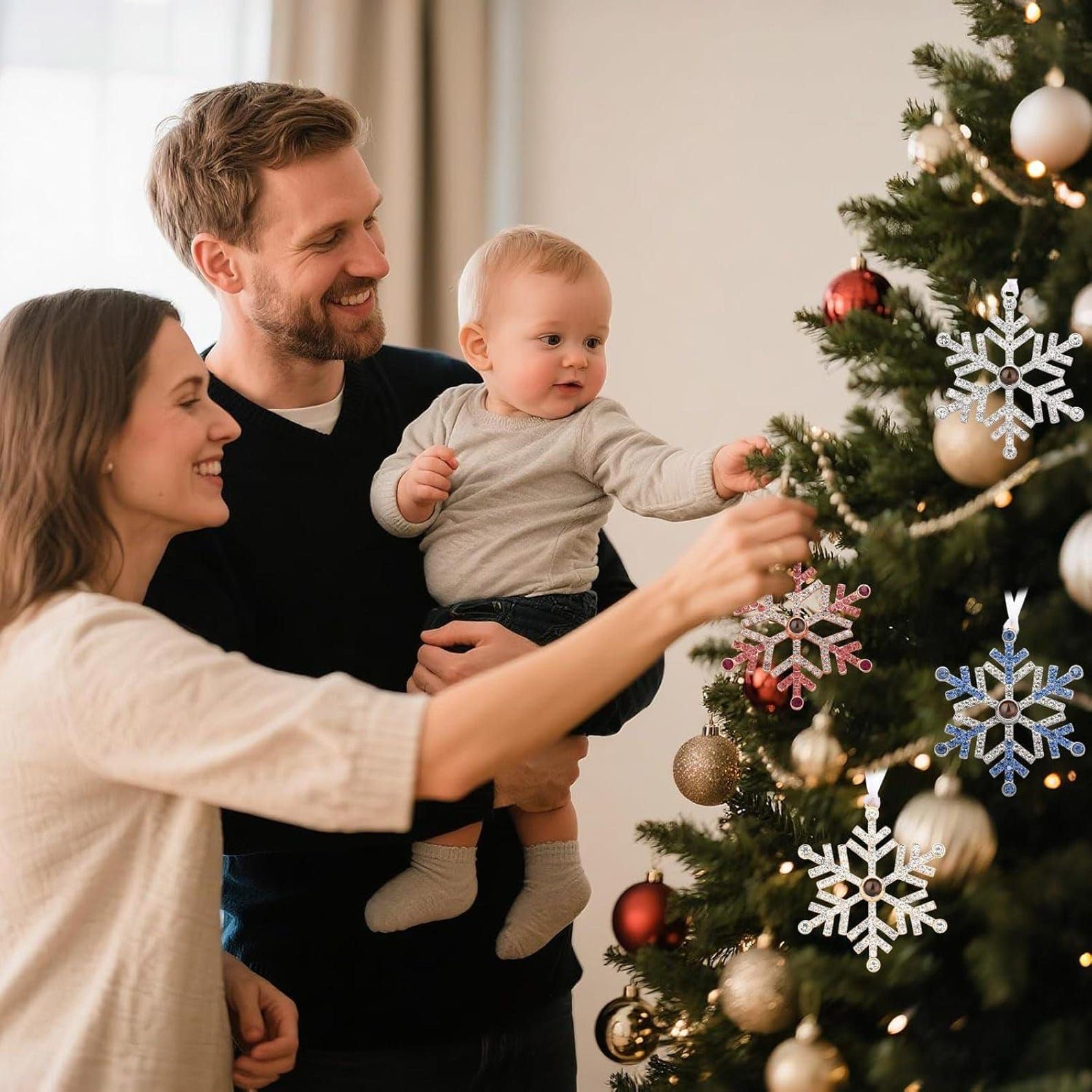 2025 personalizzato Natale ornamenti con immagine interno, fiocco di neve Projection pallina natalizia coppie