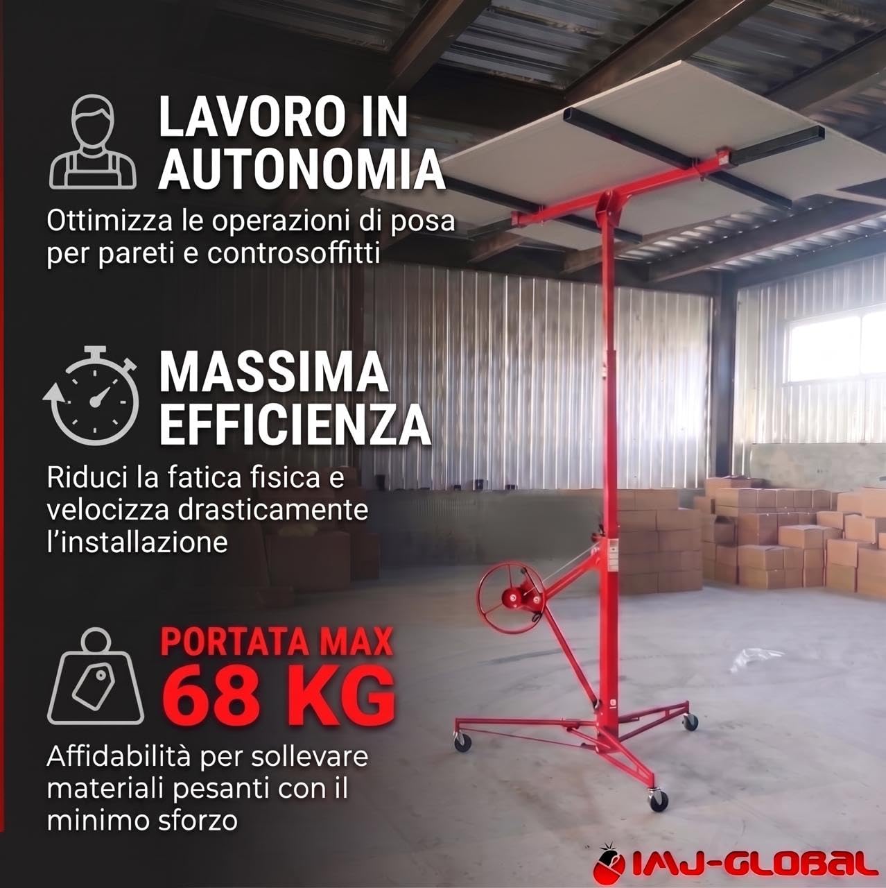 IMJ-Global - Alzalastre per Cartongesso Professionale a Doppia Chiusura, Alza Pannelli Cartongesso con Altezza di Lavoro 135-335cm, Alza Lastre Telescopico con Portata Massima di 68KG