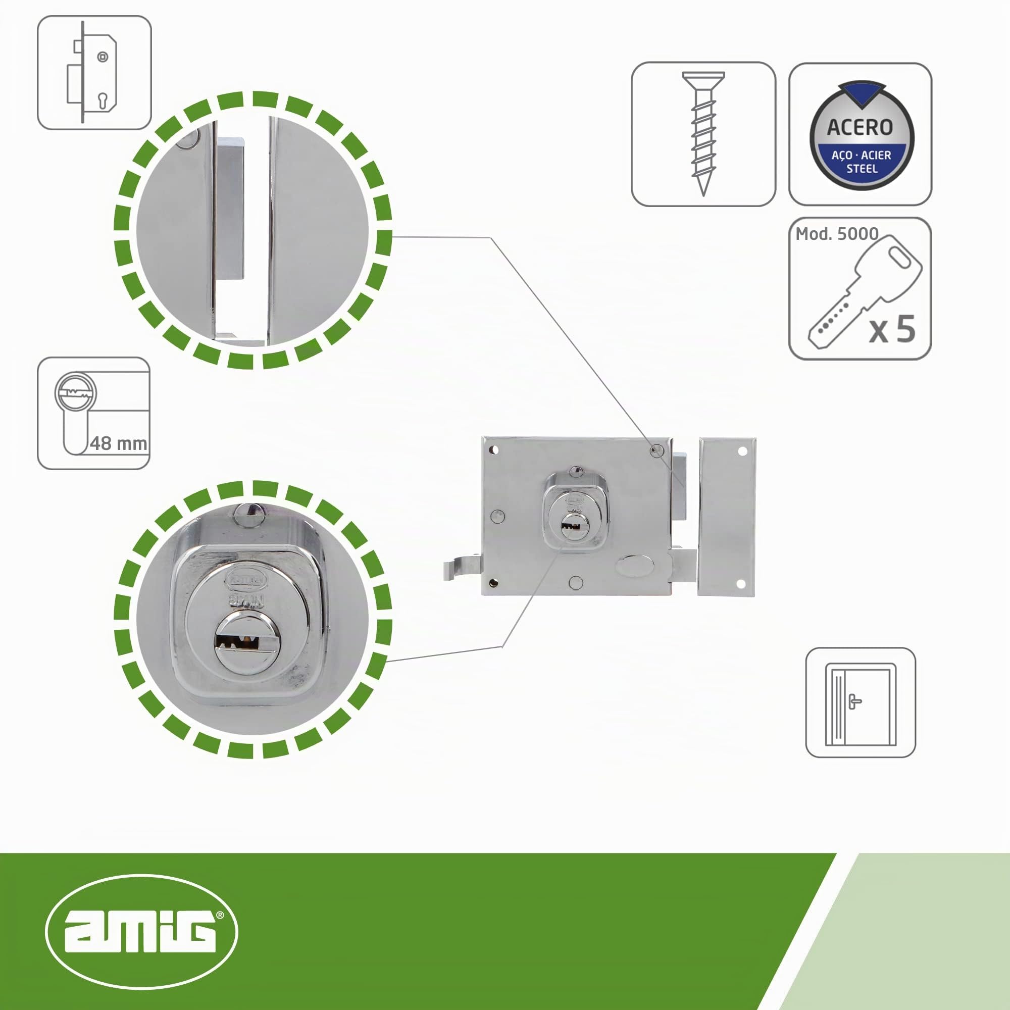 Amig - Serratura da sovrapposizione a destra con leva di chiusura, linguetta e maniglia per porte in legno mod. 72 88 x 85 mm Chiusura con cilindro rotondo in acciaio cromato lucido, argento