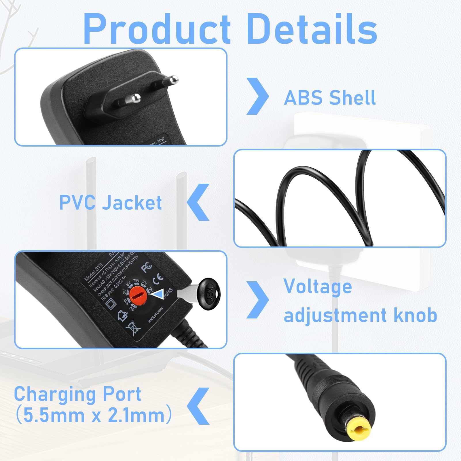 30W Adaptador Universal de 3V 4.5V 5V 6V 7.5V 9V 12V 2A AC/DC, Cargador Universal 30W 12V, 8 Puntas para Adaptador Corriente 30W Universal, Fuente-Adaptadora con Voltaje Múltiple para Router LCD — view 6