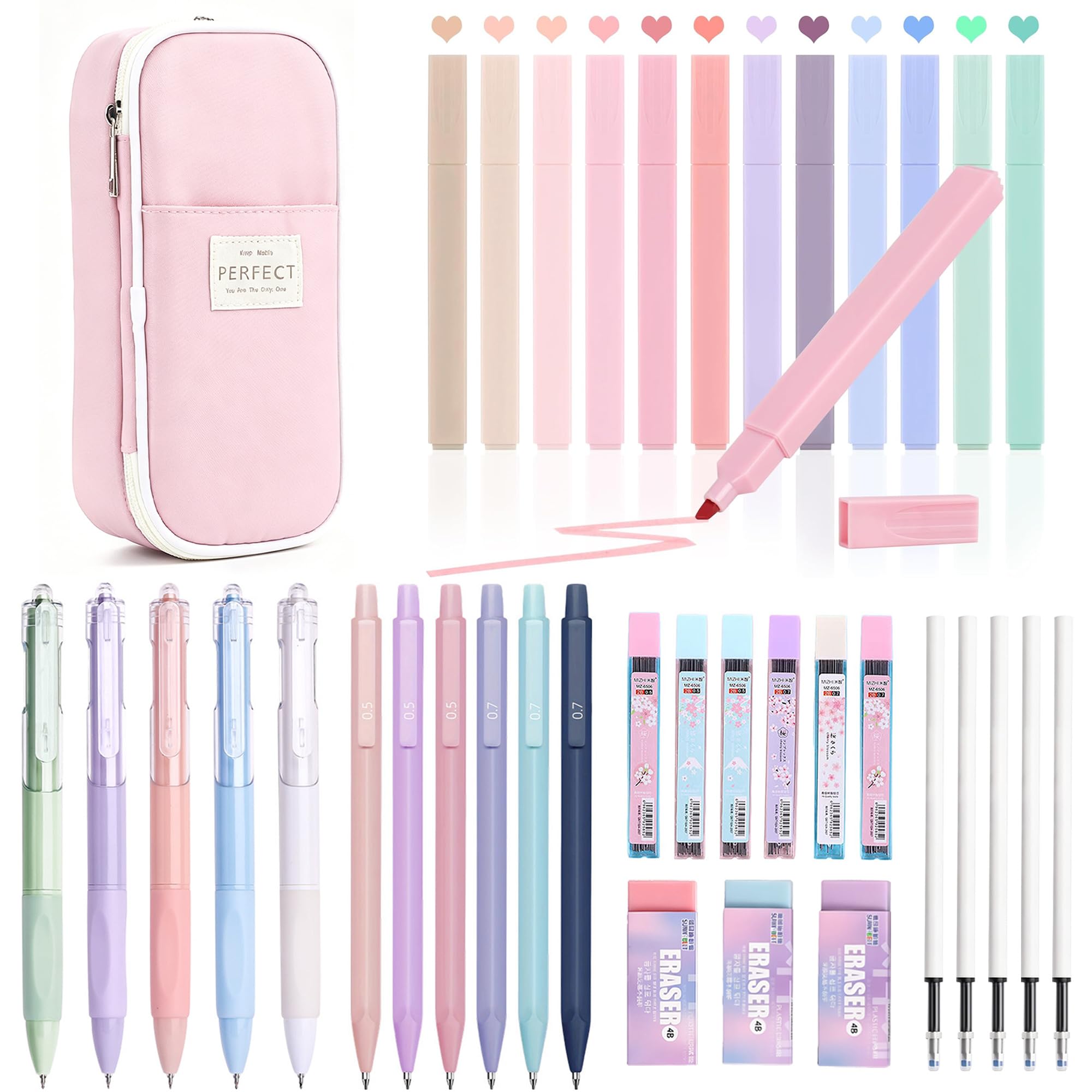 40Pcs School Stationery Supplies Set, Pink Pencil Case Set for Girls