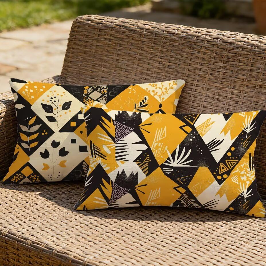 Coussin lombaire extérieur imperméable 50x70 aspect lin orange avec feuille décorative