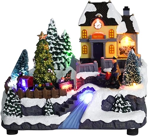 Christmas Village Houses with LED Lights, Train Spinning Under The Christmas Tree, Fiber Optic River, Realistic Christmas Scene,Music Rendering
