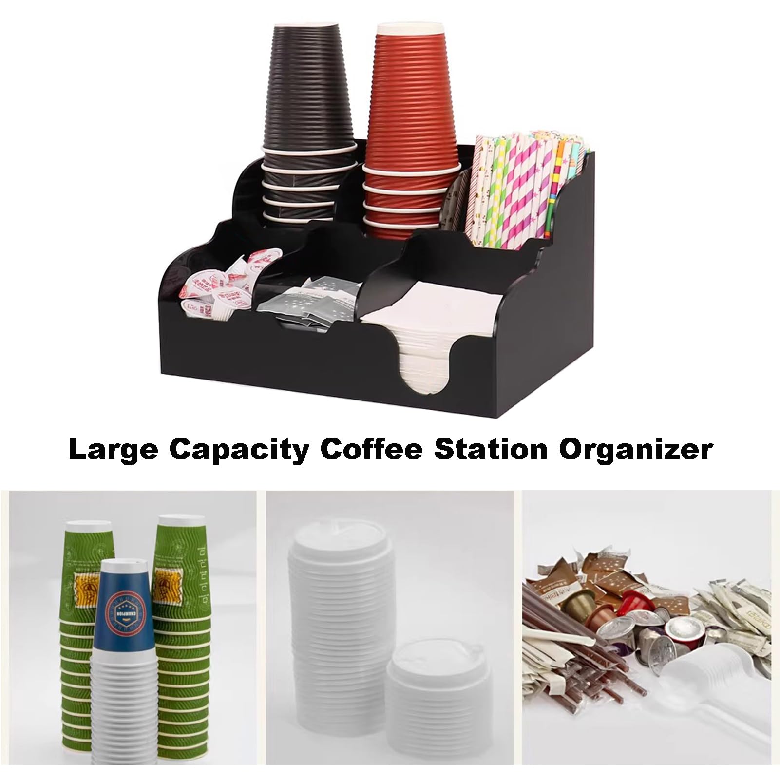 Einwegbecher-Spender, Kaffee und Tee Organizer, Aufbewahrungsbox Kaffeezubehör Zuckersticks Kaffeesahne, Teebeutel Kaffeepads Zubehör Aufbewahrung,Black 04