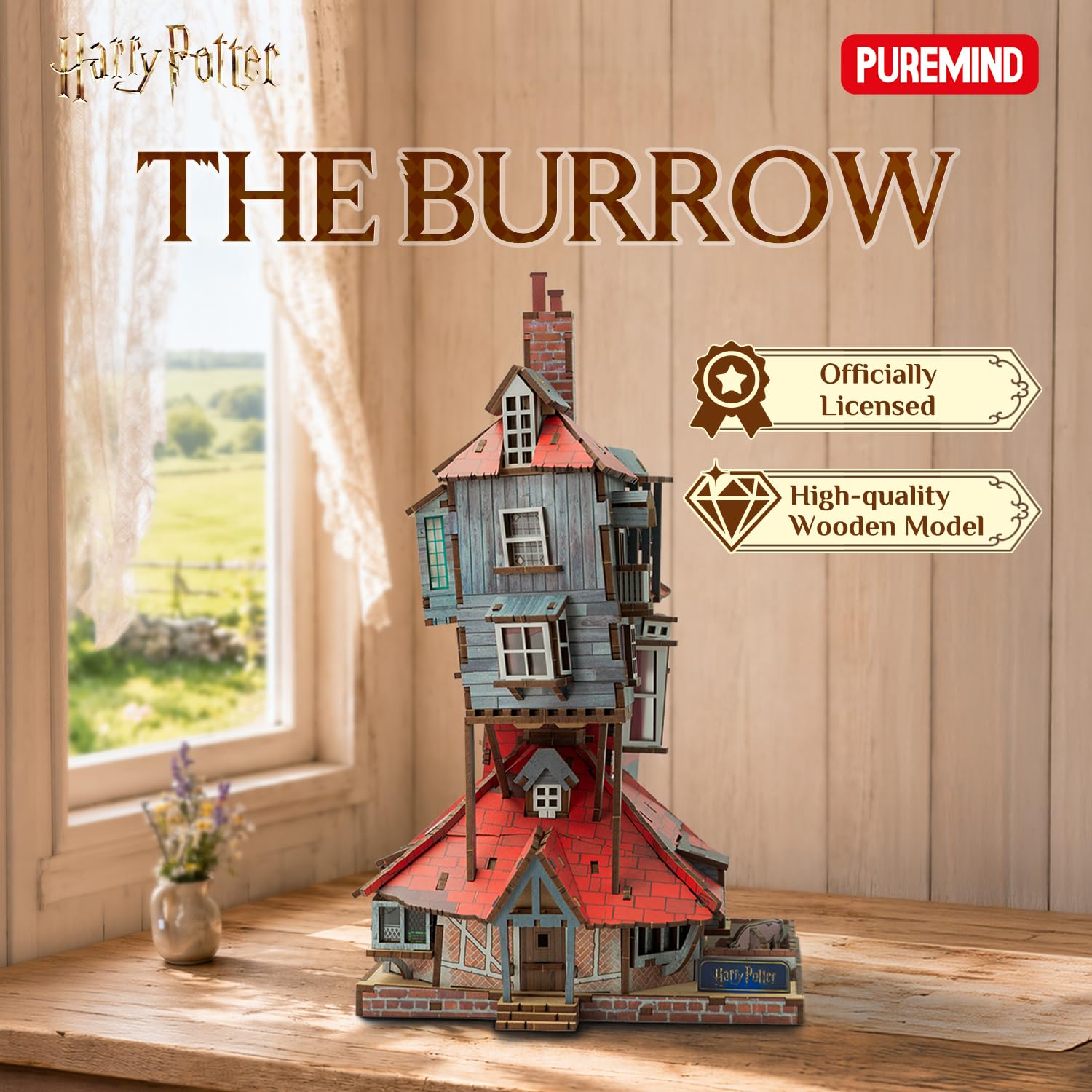 PUREMIND Harry Potter Le Terrier Puzzle 3D en Bois, Maison Weasley à Monter | Sous licence officielle, cadeau Harry Potter, sans colle, portes ouvrantes, 16 fenêtres, maquette de collection, déco vitrine