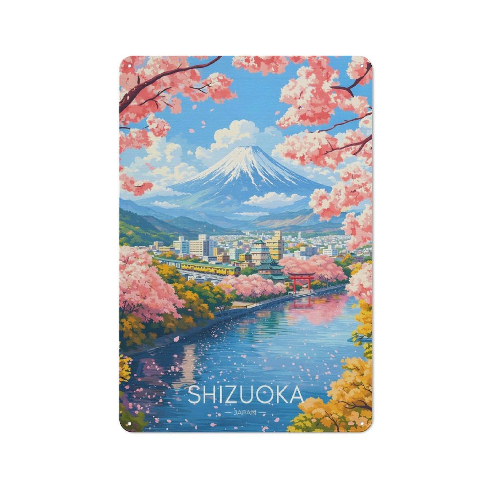 Junmoney Style-10 Shizuoka Japan Cherry Blossoms Mount Fuji Decorative Tin Plaque 30X20cm, Decorative Novelty Wall Art For Hallway, Home Bar, Garage Or Study