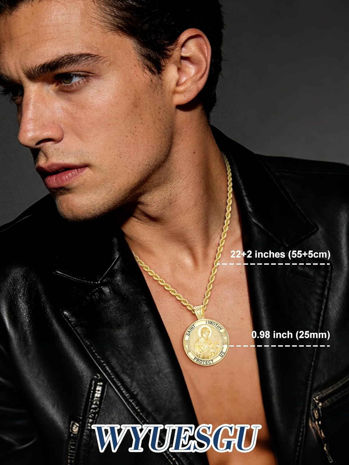 Patron Saint Medals, 14K Gold Protection Jewelry, Christmas Catholic Christian Religious Gifts for Men with 22"+2" Rope Chain - Image 3