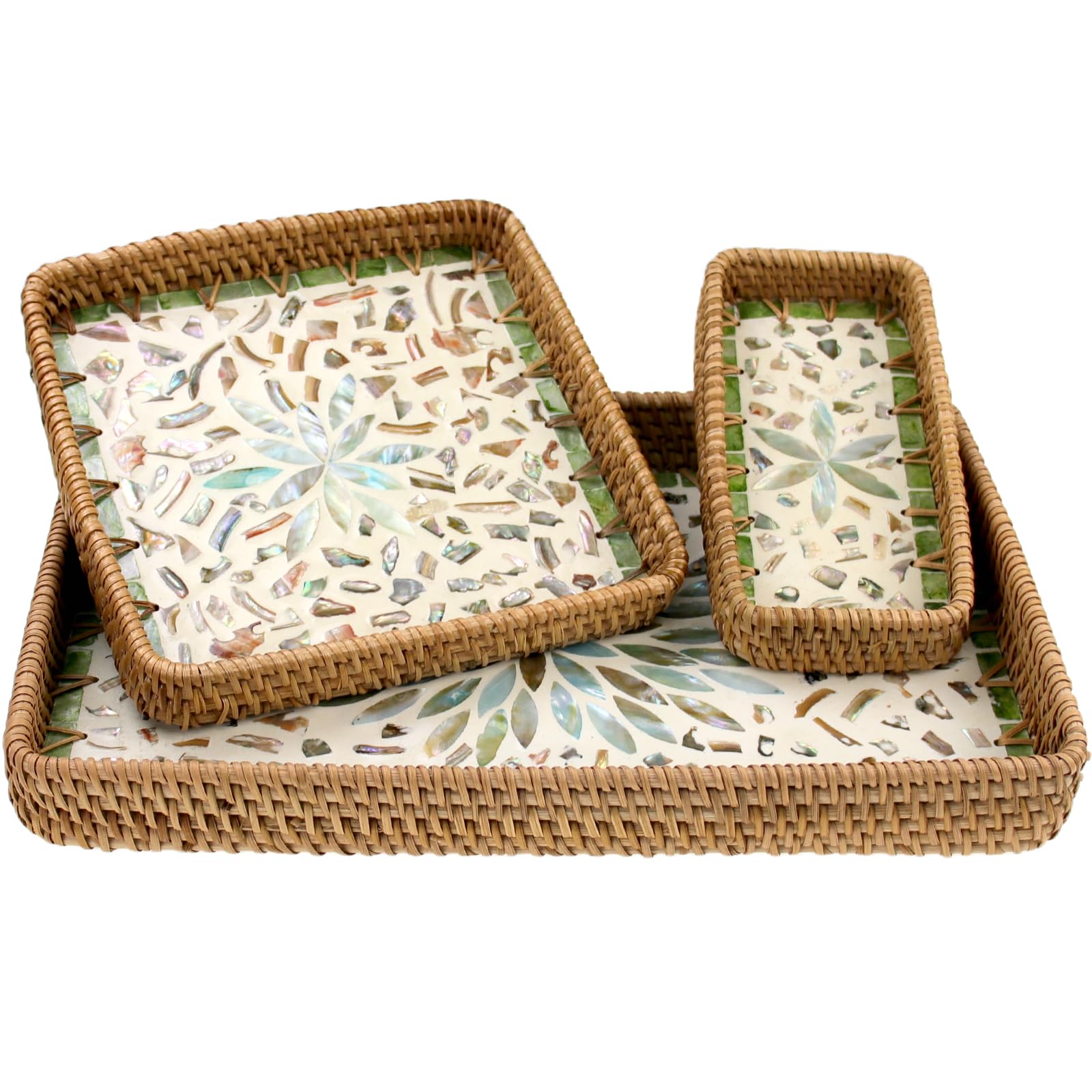 Bandeja rectangular de ratán con incrustaciones de nácar, cesta de mimbre hecha a mano para mesa de café de frutas, pan, comida, té, fiesta, picnic, cocina, hogar, decoración bohemia, 3 tamaños (verde