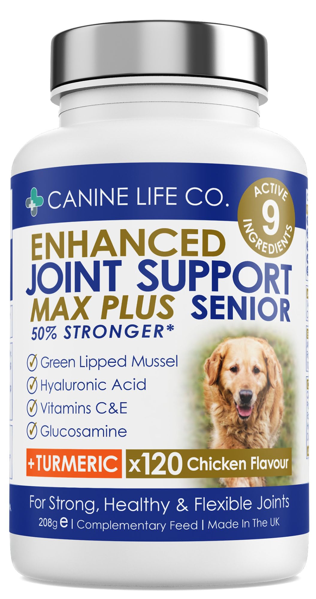 Senior MAX High Strength Dog Joint Supplements With Turmeric Glucosamine & Green Lipped Mussel For Older Stiffer Dogs Age 9+ 120 Chewable Tablets Made In UK - Canine Life Co. ((1 Pot (120 Tablets)))