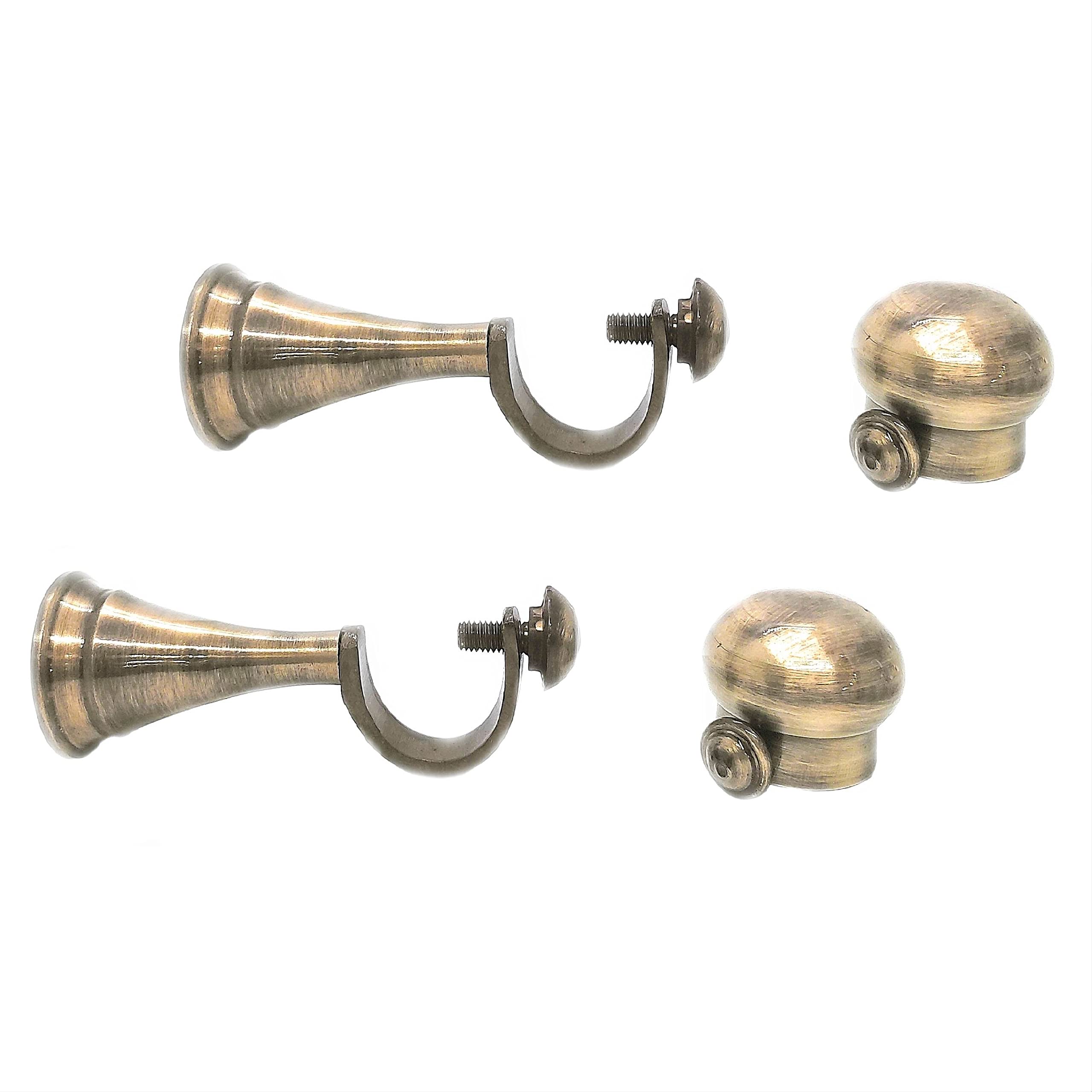 Heavy Quality Simple Brass Curtain Brackets 1 Set (2 pcs Finials & 2 pcs Support) for Window/Door, Screws & Wallplugs Included, Colour - Antique Gold