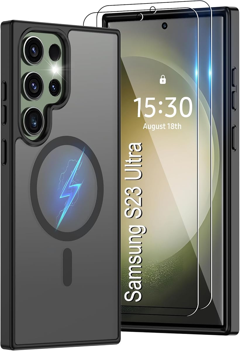 Magnetic for Samsung S23 Ultra Case [Compatible with MagSafe] | 2X Screen Protector | Anti-Yellowing & Fingerprint, Shockproof, Skin-friendly Slim Fit Translucent for S23 Ultra-Matte Black