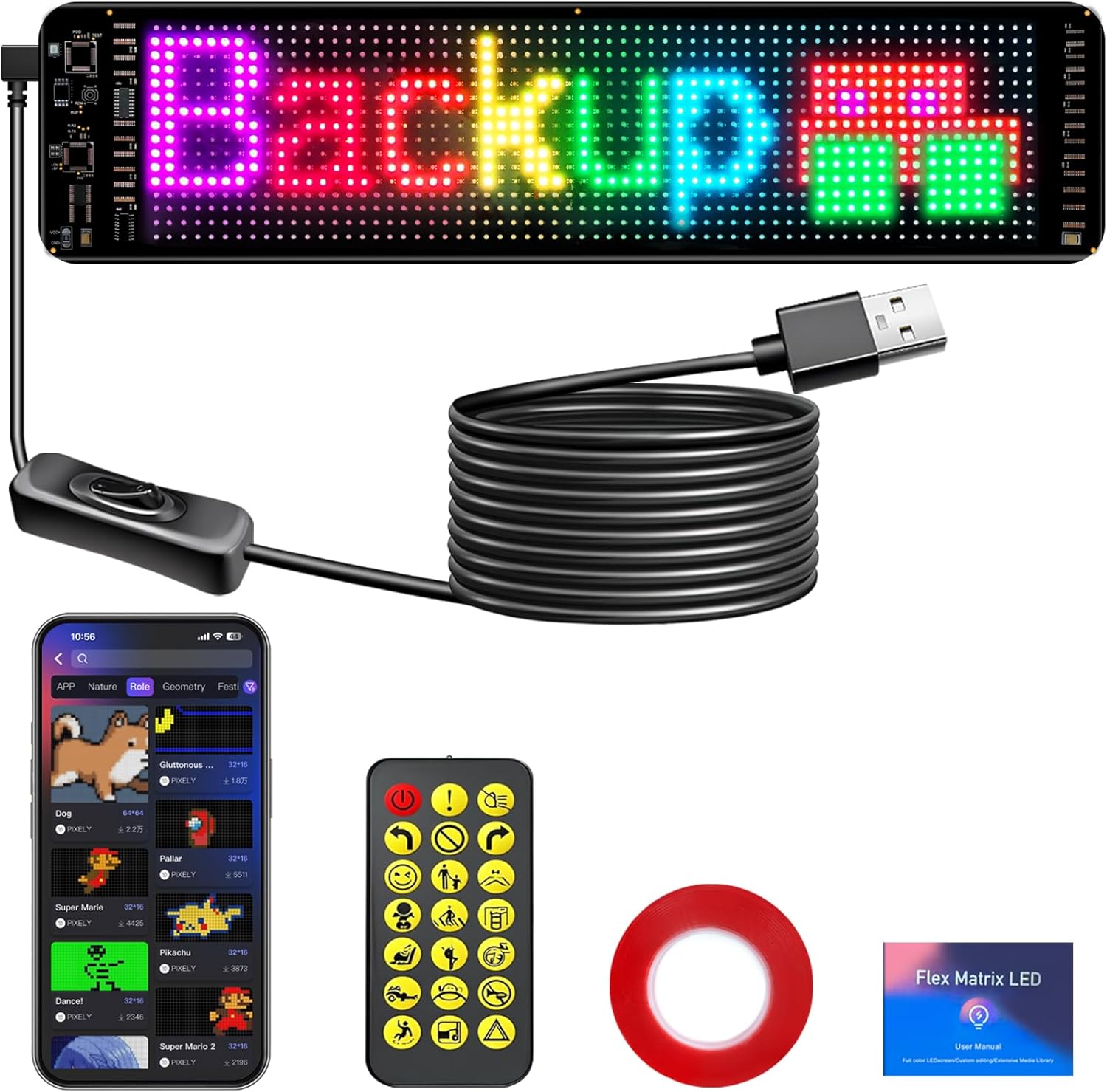 LED Sign for Car with Bluetooth APP Control, Custom Programmable LED Sign for Taxi Driver,Business, Holidays - Scrolling Display, Flexible Matrix Panel(15"x4")