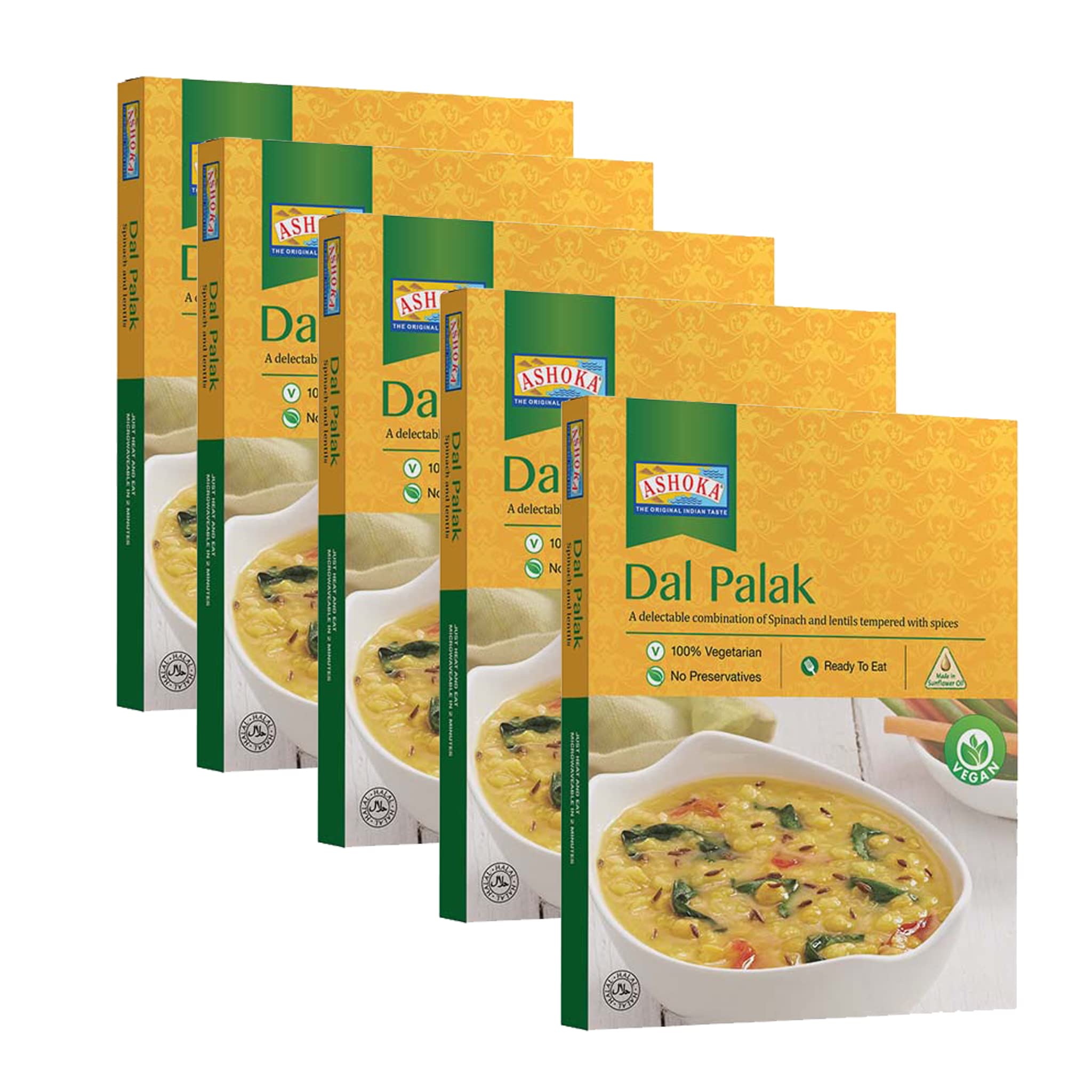 Ashoka All-Natural Entrees 1932, Vegan Spinach and Lentils, Microwave Friendly Meals, Authentic Indian Dal Palak, Great for Outdoors, Kosher Certified, Gluten-Free & with No Preservatives, Pack of 5