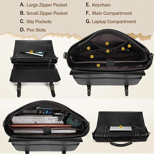 Miniatura 5 de Bolso bandolera para hombres de 15.6 pulgadas, de cuero vintage, para portátil, Negro Negro -,Marrón,Café,Marrón