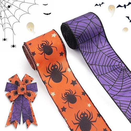 Miniatura 6 de ALIBBON 2 rollos de cinta con alambre de Halloween de 2.5 pulgadas × 5 yardas de cinta de arpillera de calabaza de Halloween, cintas de arpillera de