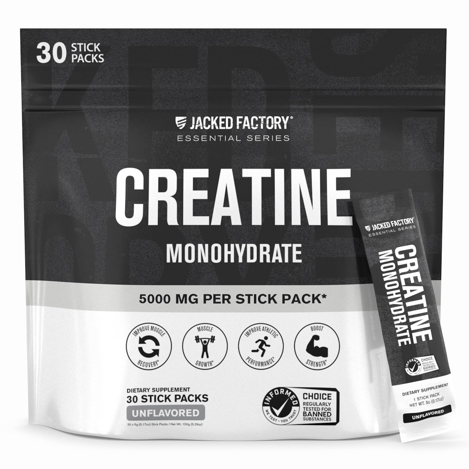 Jacked Factory Creatine Monohydrate Stick Packs 150g - 5g Daily Micronized Creatine Monohydrate Powder for Men and Women, Vegan-Friendly, Third-Party Tested - 30 Servings, Unflavored Unflavored 30 Stick Packs (Pack of 1)