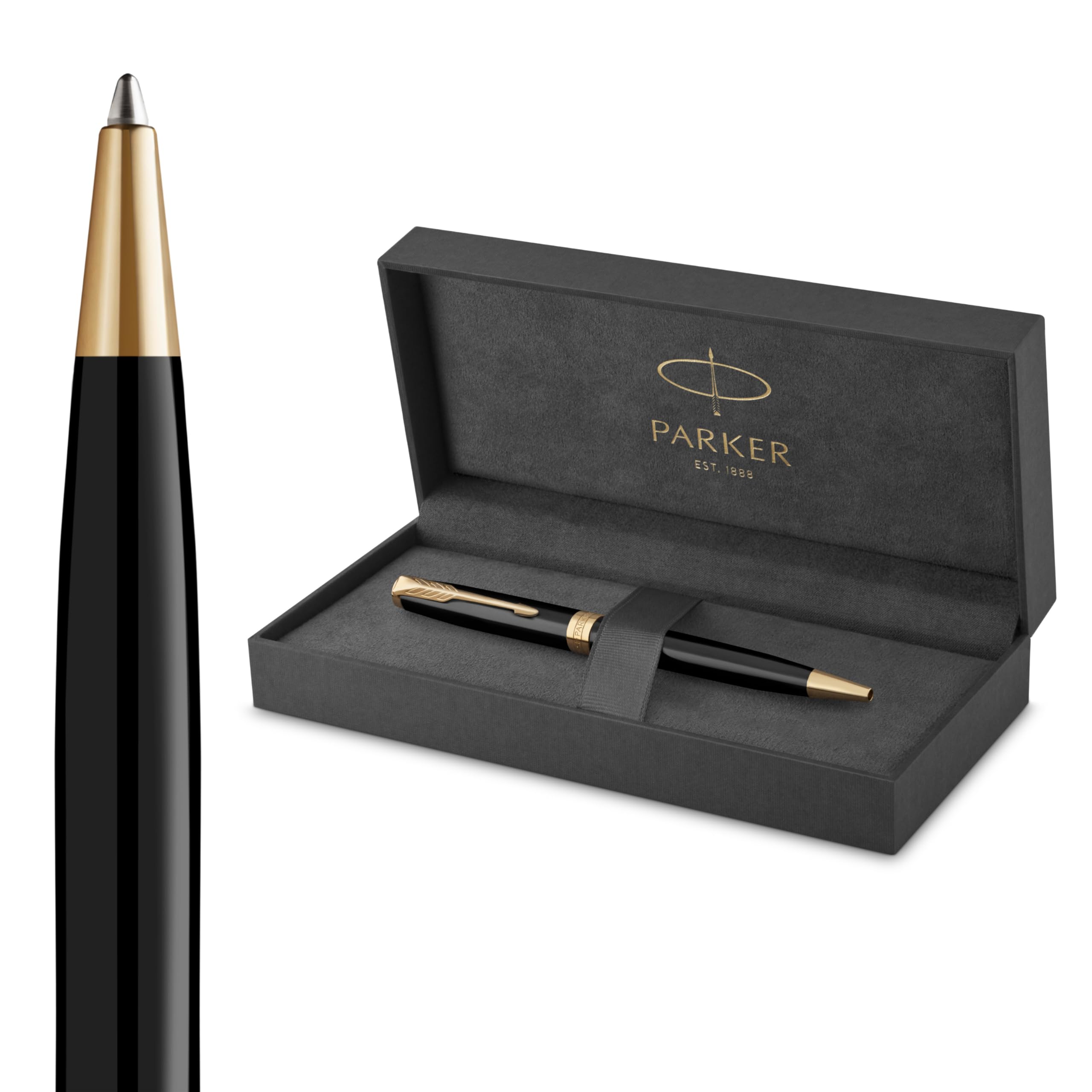 Parker Sonnet Ballpoint Pen, Black Lacquer With Gold Trim, Medium Point Black Ink
