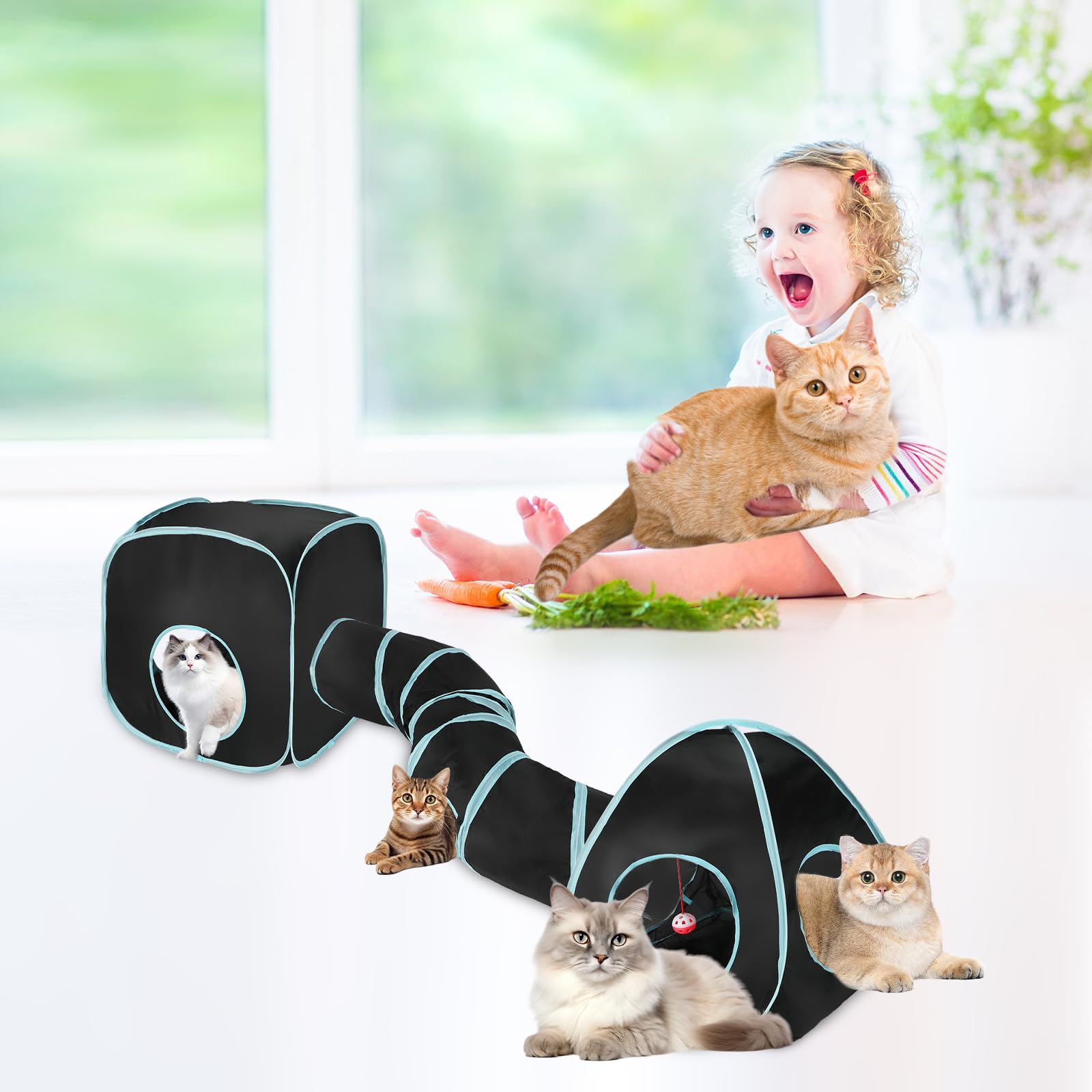 Tunnel per Gatti Casetta Portatile 3 in 1 Gioco Gatto,Tubo Interattivo Pieghevole per Gatti e Cubi per Divertimento,Esercizio e Gioco(Blu Nero)