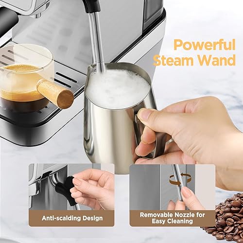 Miniatura 3 de Máquina de café expreso, 15 bar semiautomática con espumador de leche, cafetera compacta de acero inoxidable con tanque de agua extraíble de 40