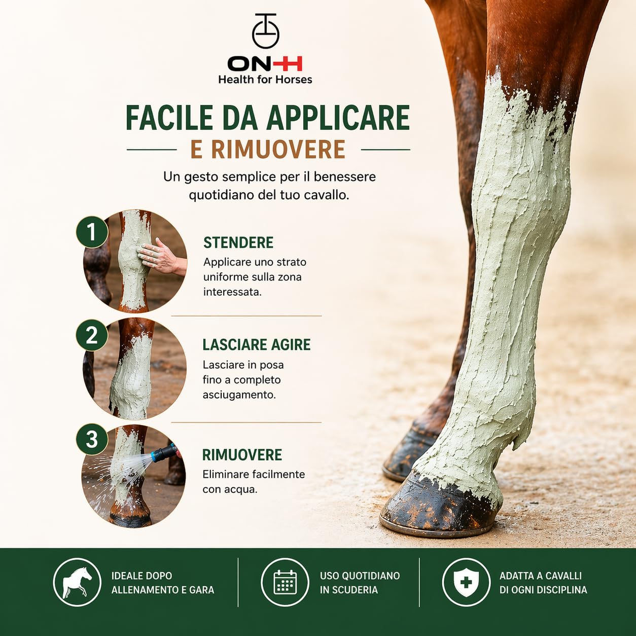 ON-H Natural Clay Argilla Verde per Cavalli 3 kg | Impacco Naturale per Muscoli, Tendini e Articolazioni | Effetto Rinfrescante | Ideale Dopo Allenamento, Gara e Lavoro Intenso Cavallo Sportivo