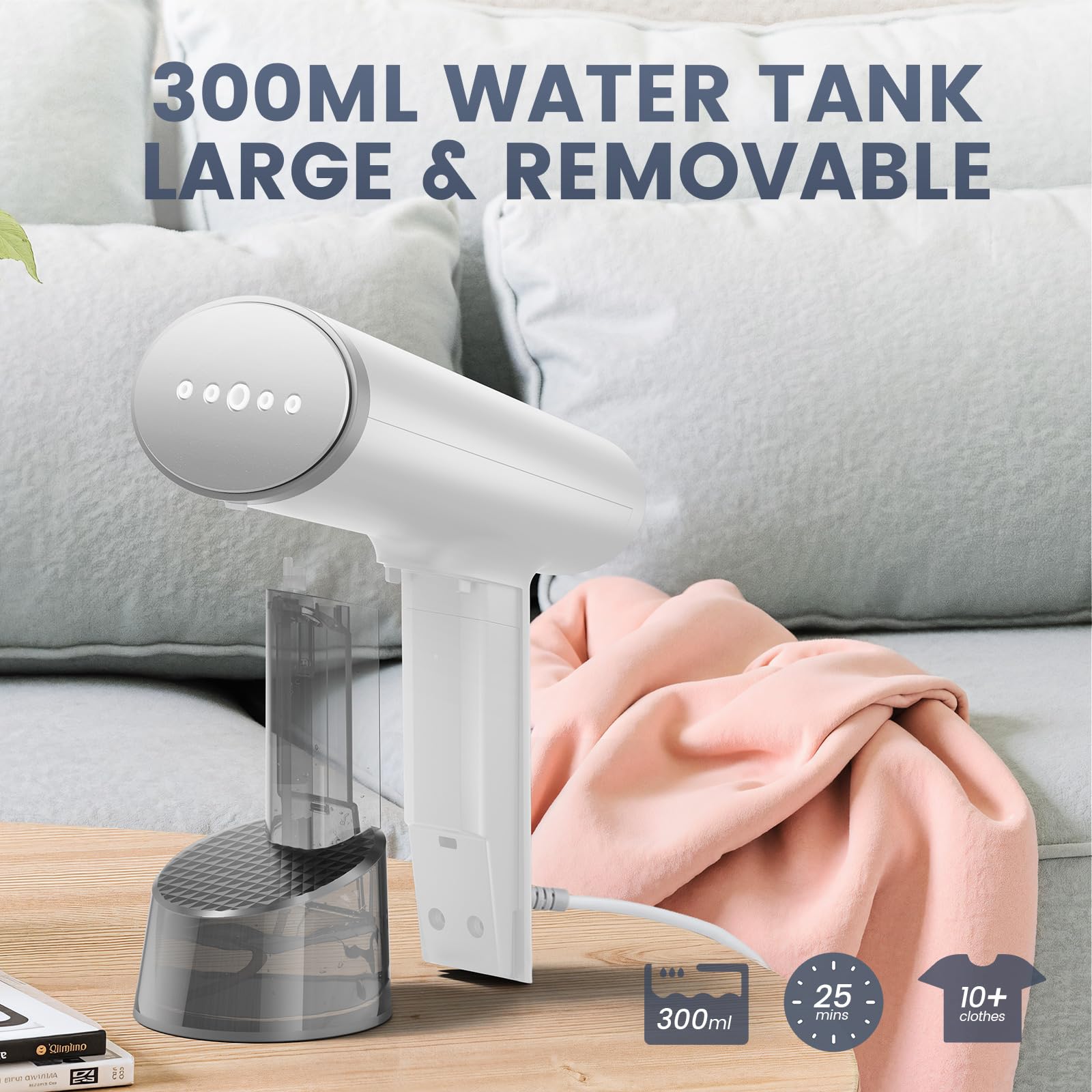 FMK Steamer Dampfglätter Reise - 1500W, Reisebügeleisen mini für Kleidung, 325ML Wassertank, Konstante Dampfleistung 25 g/min, Dampfbürste Faltenentferner für Zuhause, Büro, Reisen, Weiß