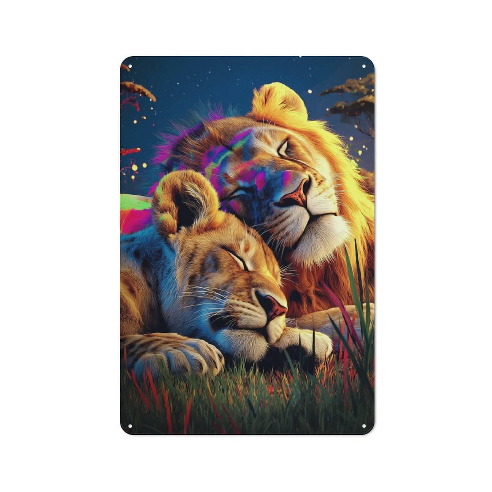 Junmoney Colorful Lions Resting In Nature Rustic Metal Wall Sign 30X20cm Featuring For Pub Or Café, For Vintage Wall Decor Fans, For Metal Sign Collectors