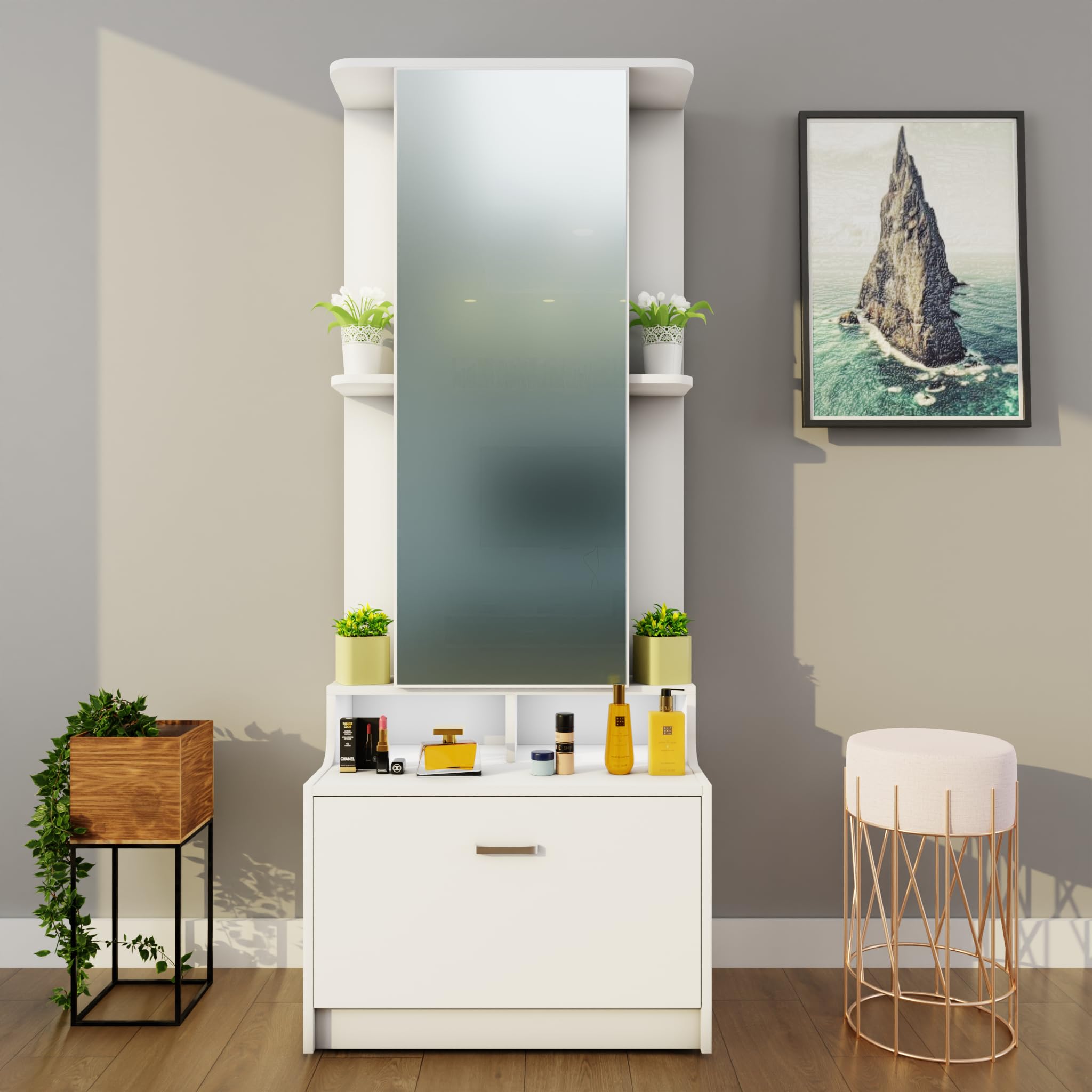 VIKI | Dressing Table with Mirror Drawer and Door, Dressing Table Organizer and Storage, Vanity & Makeup Cabinet, Bedroom,180Cms(H)*70Cms(W)*40Cms(D)|1 Year Warranty, Free Assembly | Frosty White-image-8