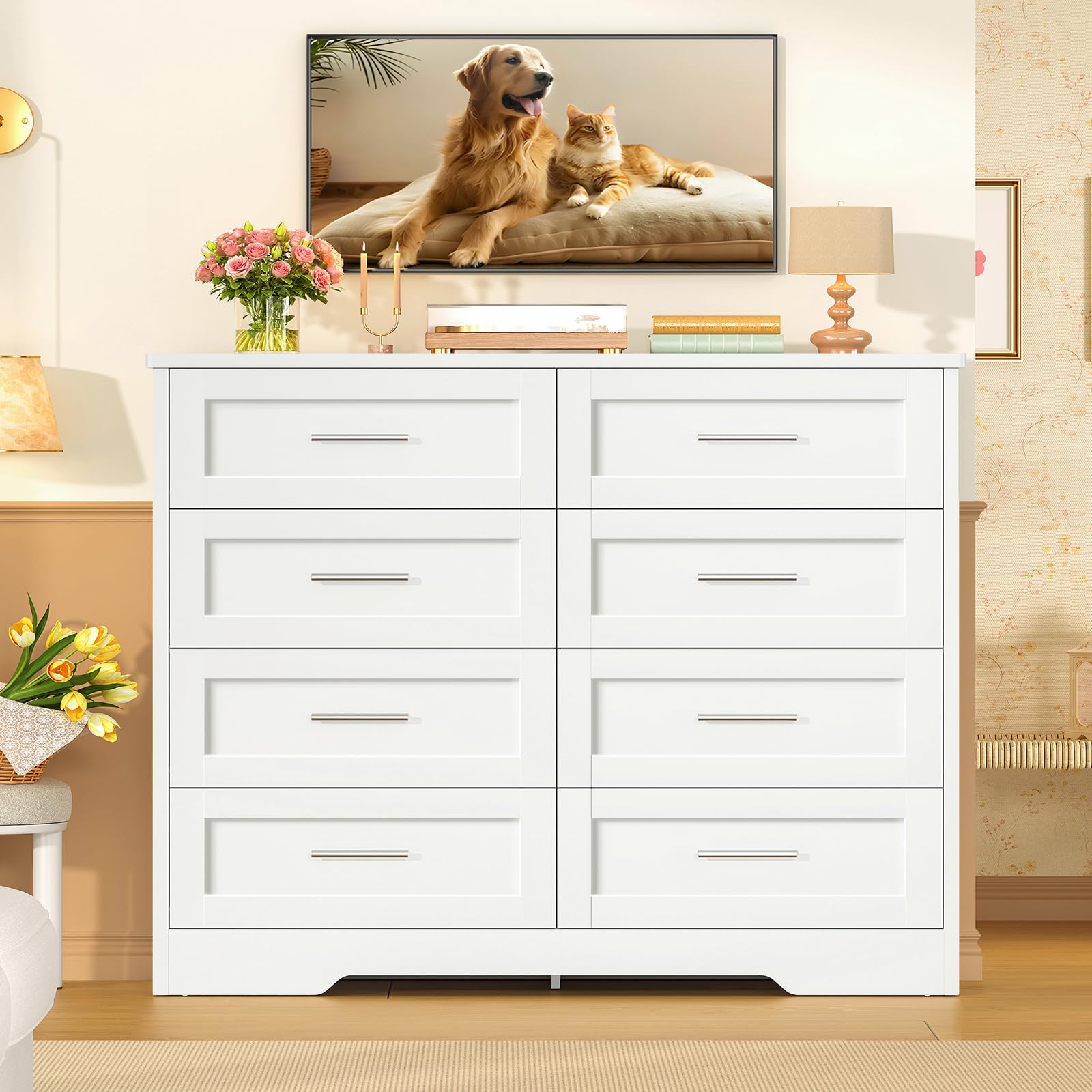 TEENFON Cassettiera Camera da Letto, Settimino con 8 Cassetti - Comò Bianco Moderno e Salvaspazio, Ideale per Soggiorno e Ingresso, 107x35x96.5 cm