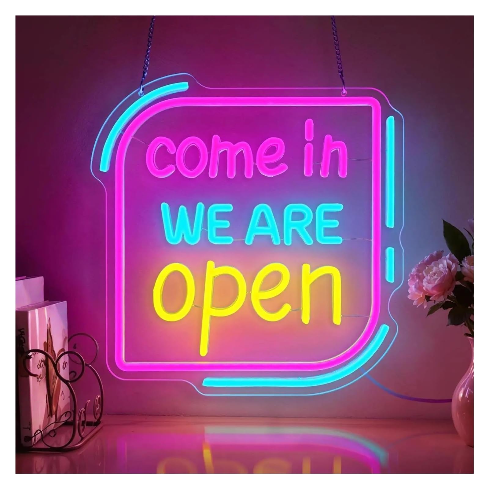Hanging Art Neon Signs Come in We are Open Neon Sign Light Dimmable for Business Shop Salon Florists Coffee Restaurant Bar Pub Hotel Store Wall Decor 38.4cmx39.6cm