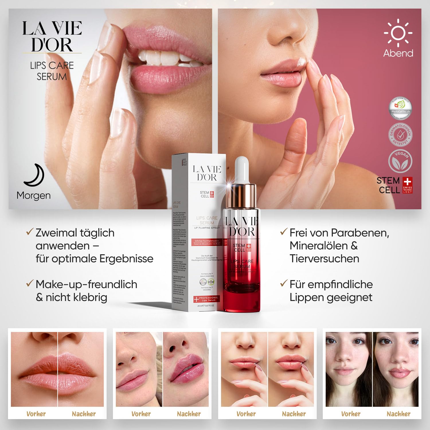 La Vie D'Or Komplettpflege-Set – Anti-Aging Serum + Lippenpflege Serum + Haar- & Kopfhautserum + Gesichtscreme SPF 30 – Stammzellentechnologie – Vegane Luxuspflege