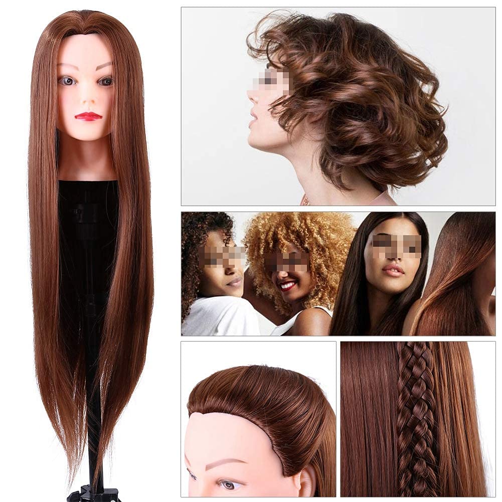 Cabeza de Maniquí de Peluquería, Cabello Castaño, Fibra Sintética, Cabeza de Entrenamiento de Cosmetología