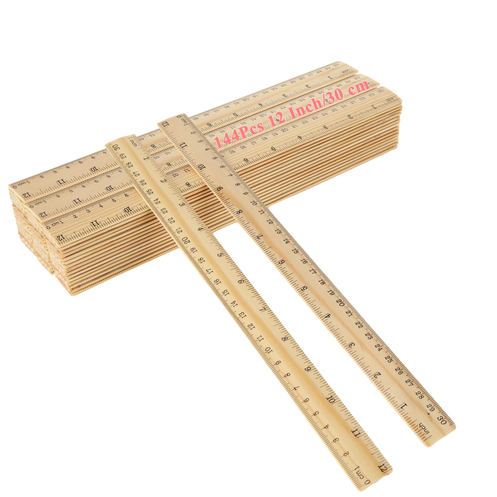 QTLCOHD 144 Stück 30,5 cm Holzlineal, Kiefernholz, Messlineale Bulk für Studenten, Klassenzimmer, Zuhause, Büro, 2 Skalen, 30 cm