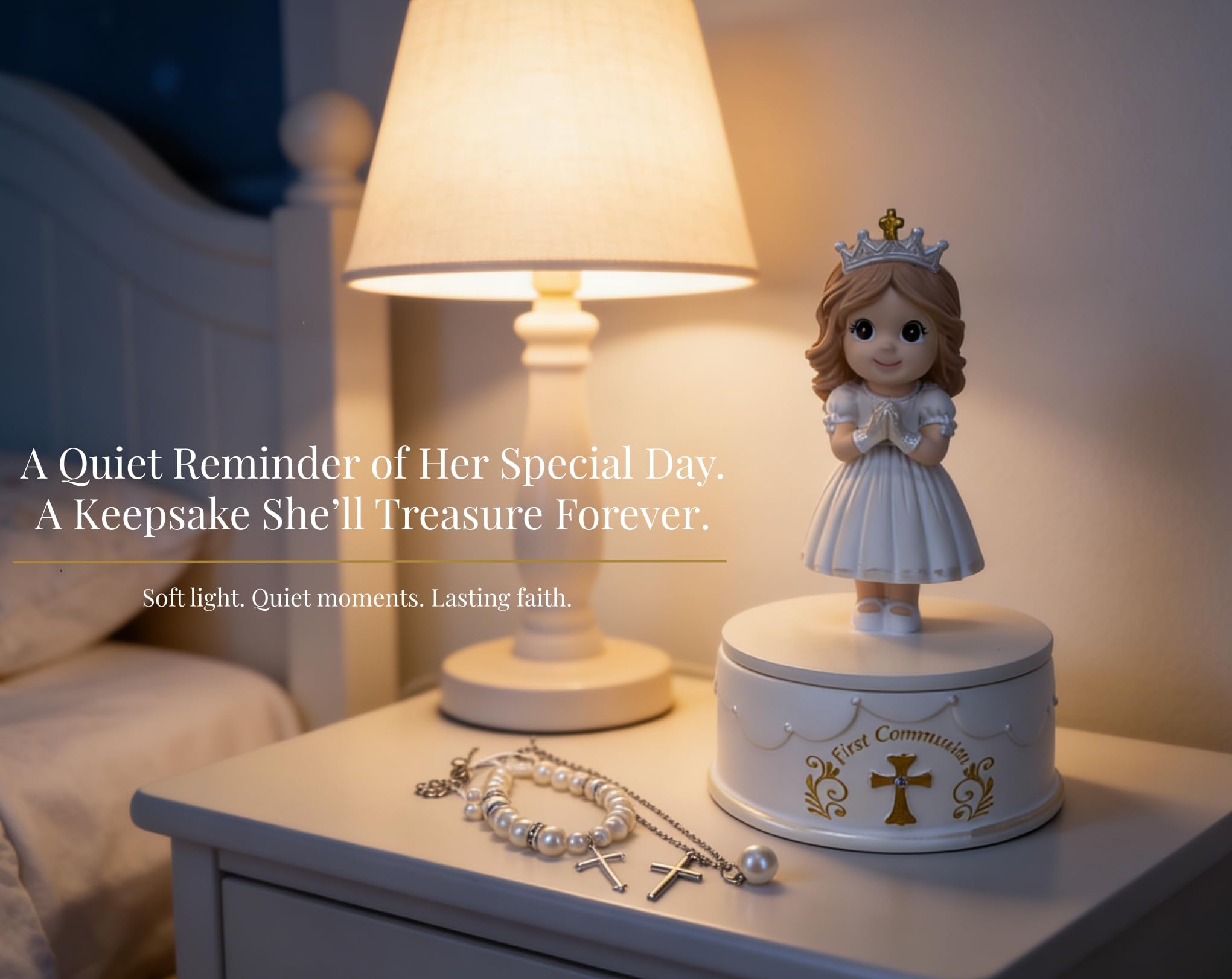 First Communion Gifts for Girls - 1st Holy Communion Gift with Prayerful Girl Figurine, Keepsake Box & Pearl Bracelet - Religious Keepsake Gift for Girls