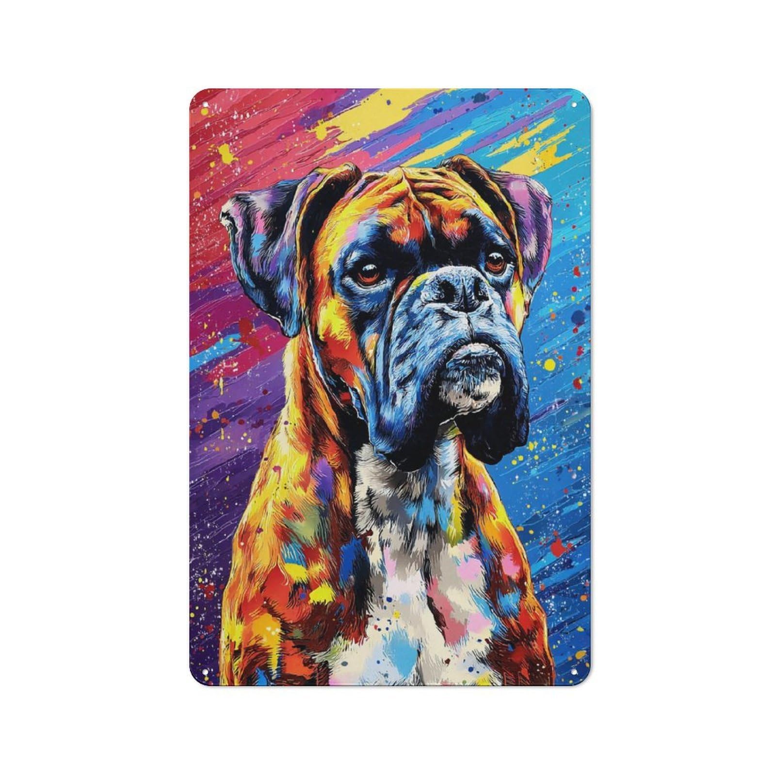 Junmoney Colorful Boxer Dog Art Print -2 Rustic Tin Sign 30X20cm For Living Room Or Hallway, Suited To Living Room Decor Lovers