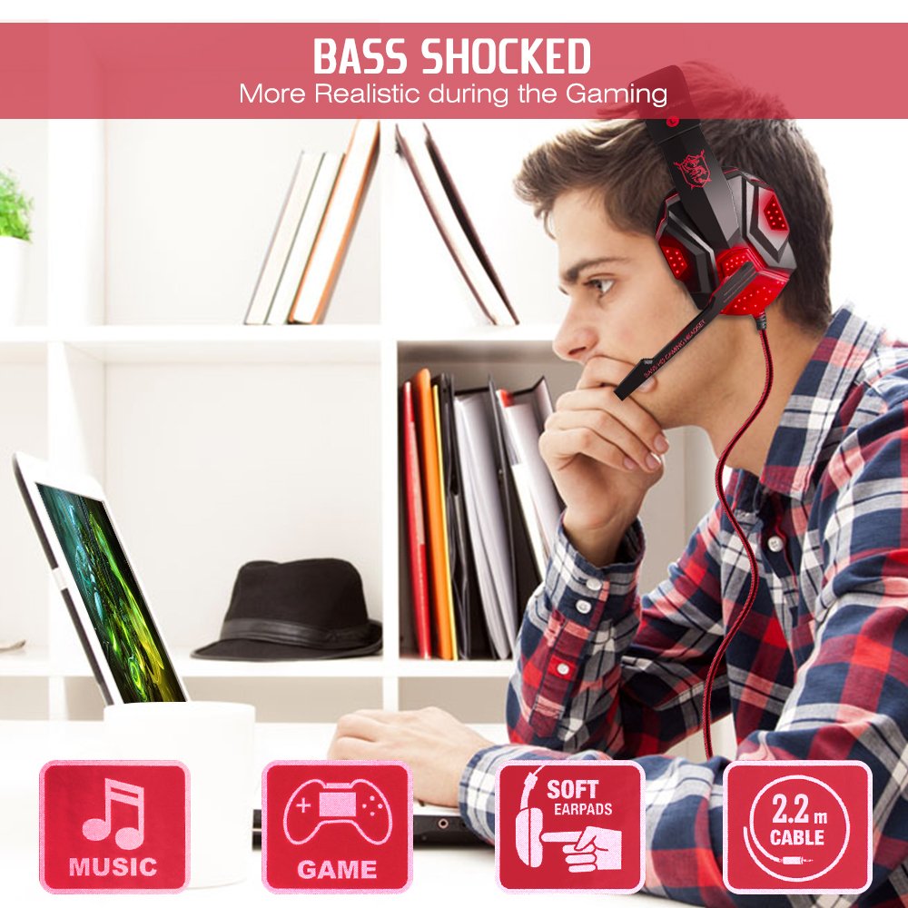 Gaming Headset con microfono e LED Light per laptop, portatile, PS4 e il nuovo Xbox One, DLAND 3.5mm Wired Noise Isolamento Gaming Headphones - Controllo del Volume (Nero e Rosso).