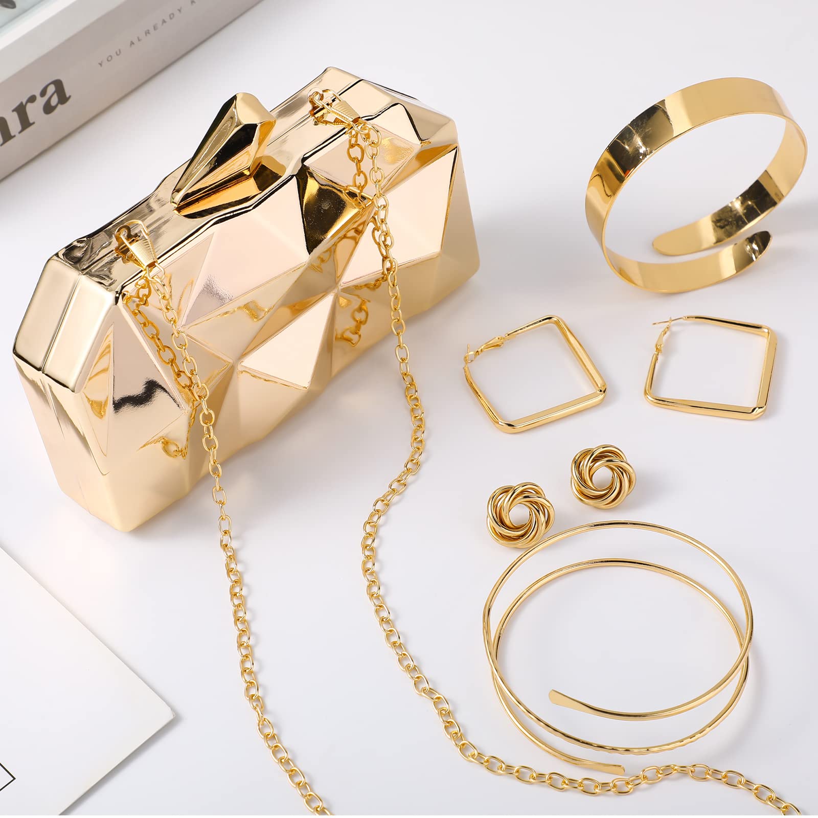 5 Pcs Clutch Purse for Women Evening Prom Purses Metallic Handbag for Valentines Wedding Banquet Retro Jewelry Set: Gold