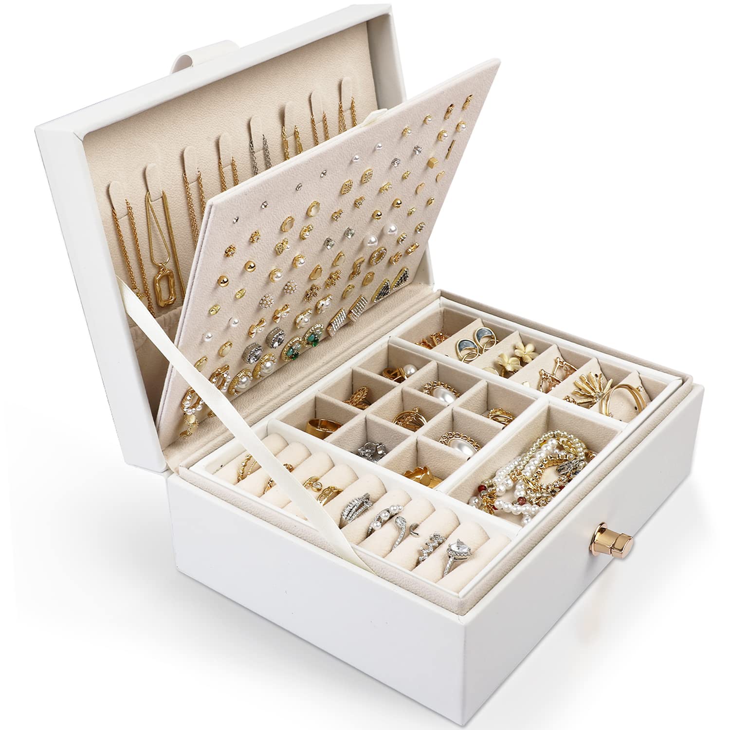 LATITLATIT Jewellery Box for Women, Large PU Leather Jewelry Storage Case for Rings Earrings Bracelets Necklaces Jewellery Organiser Holder for Girls-White