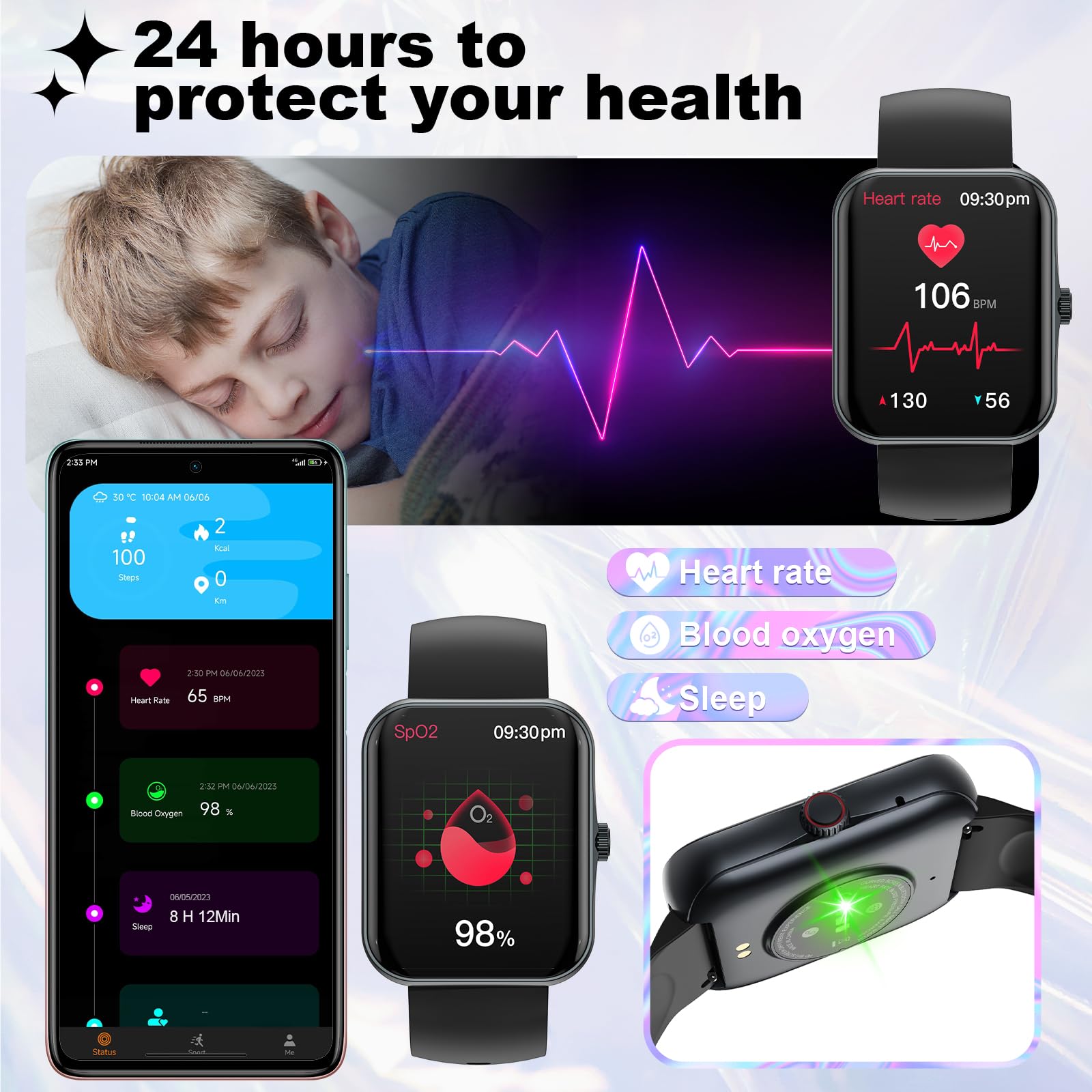 Smartwatch Kinder, 1.83 HD Voll Touchscreen Fitnessuhr, IP68 wasserdichter Kinder Fitness Aktivitäts Uhr, Schrittzähler, Wecker, 37 Sportmodi, Kinderuhr Telefon für Jungen Mädche Teenager (Schwarz)