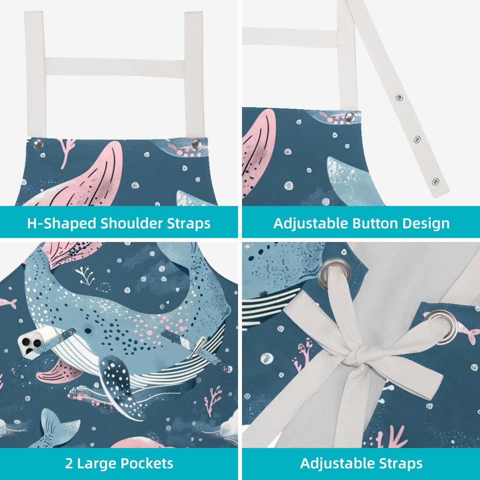 Lot de 2 tabliers de cuisine doux et réglables avec 2 grandes poches pour homme et femme Motif baleine de l'océan, Imprimé baleines de l'océan profond,