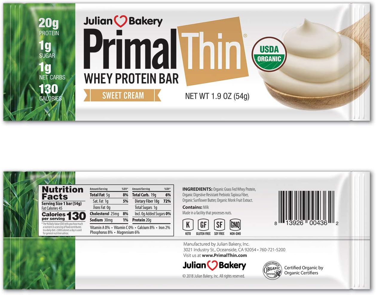 Primal Thin Protein Bars w/ 20g Organic Protein Grass Fed Whey (130 Cal, 1g Sugar, 1 Net Carb) (Gluten Free) (12 Bars)